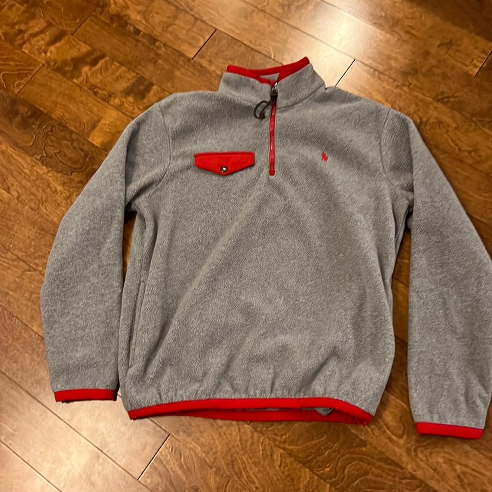 Ralph Lauren Gray and Red Zip-Up Fleece Sweater